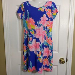 Lilly Pulitzer Blue & Pink Abstract Floral 100% Cotton Short Sleeve Dress - M
